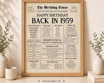 1959 Birthday Newspaper, Back in 1959 Poster, Instant Download Vintage Birthday Decor, Digital File