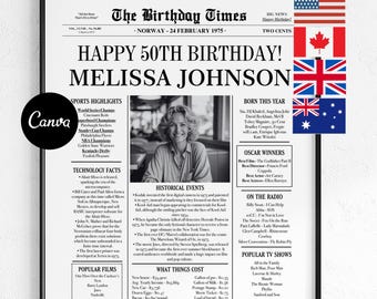 1975 Birthday Newspaper Poster: 50th Birthday Minimalist Canva Template (Printable)