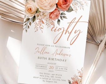 Floral 80th Birthday Invitation Template: Editable Canva Invite (Digital Download)