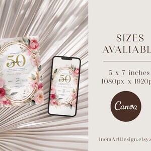 May include: A 50th anniversary invitation with a gold and white floral design. The invitation is printed on white cardstock and features a gold frame with the number 50 in gold lettering. The invitation is decorated with pink and white flowers and gold glitter. The invitation is available in 5 x 7 inches or 1080px x 1920px.