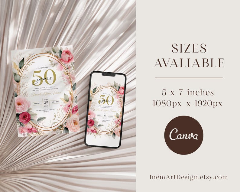 May include: A 50th anniversary invitation with a gold and white floral design. The invitation is printed on white cardstock and features a gold frame with the number 50 in gold lettering. The invitation is decorated with pink and white flowers and gold glitter. The invitation is available in 5 x 7 inches or 1080px x 1920px.