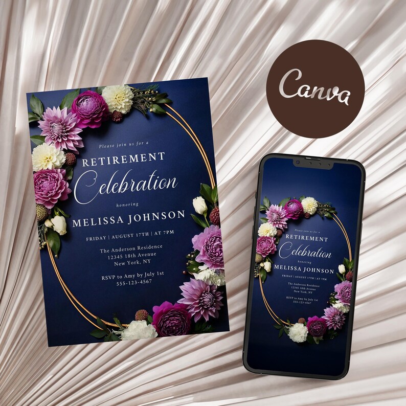 Floral Retirement Invitation Template: Navy, Gold, and Purple (digital ...