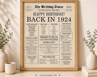 1924 Birthday Newspaper Poster, Back in 1924 Sign, Instant Download Vintage Birthday Decor, Digital File