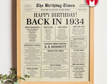 90th Birthday Newspaper Sign CANADIAN, 1934 Birthday Poster, Back in 1934 CANADA, 90th Birthday Decoration, 90th Birthday Gift