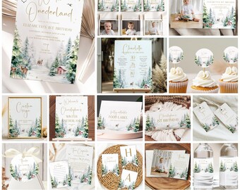 Paquete de invitaciones de cumpleaños de Winter ONEderland: temática de ciervos del bosque (editable)