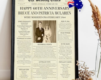 60th anniversary gift for parents, 60th wedding aniversay gift australia, 1964 australia happy anniversary, diamond anniversary to Aussie