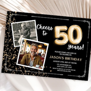 50. Geburtstagseinladung mit Foto Erwachsene Frauen Männer Prost zum 50. Geburtstag einladen Schwarz und Gold Party Karte für Oma Canva Vorlage