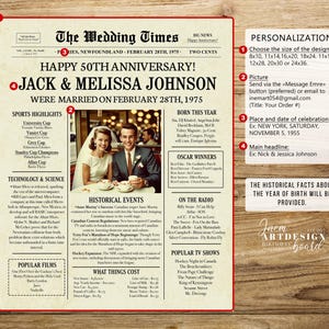 May include: A vintage newspaper style printable design celebrating a 50th wedding anniversary. The design features a photo of a couple, a headline that says "Happy 50th Anniversary! Jack & Melissa Johnson", and a date of February 28th, 1975. The design also includes a section with historical events and popular films from the year 1975.