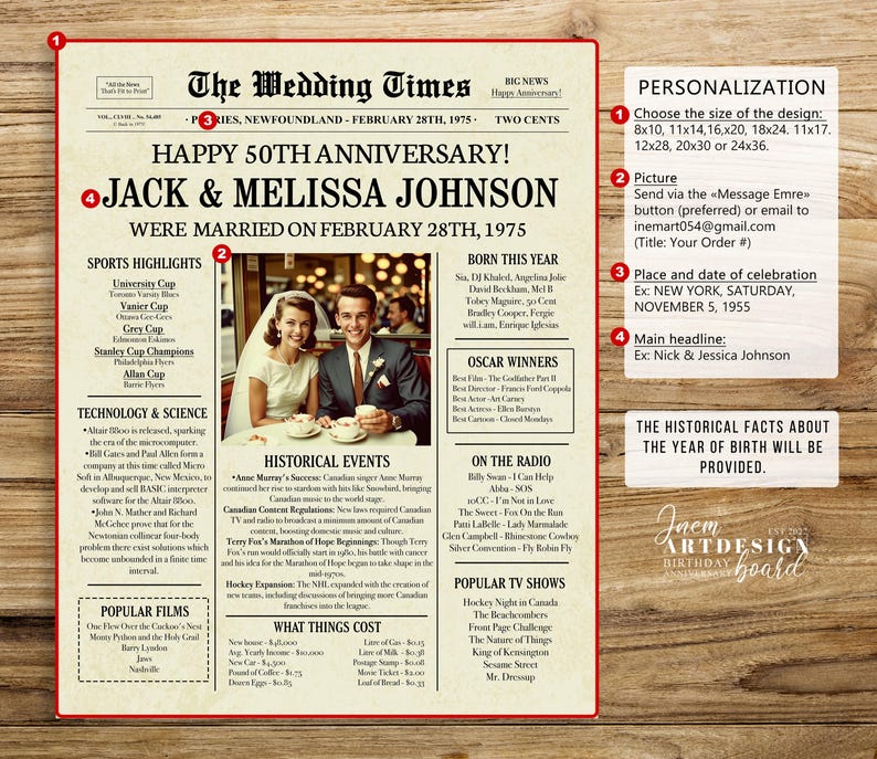 May include: A vintage newspaper style printable design celebrating a 50th wedding anniversary. The design features a photo of a couple, a headline that says "Happy 50th Anniversary! Jack & Melissa Johnson", and a date of February 28th, 1975. The design also includes a section with historical events and popular films from the year 1975.