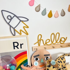 Knitted wire rocket decoration / wire words shape / space theme / hanging rocket / kids room / nursery decor / rocket shape decoration