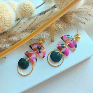 Special earrings, colorful polymer clay earrings with plug, black earrings, polymer clay, gold earrings, long pink earrings, winter, unique piece