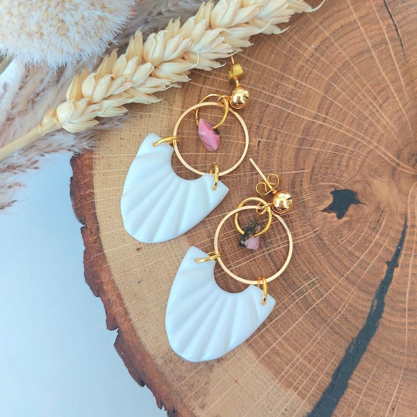 White earrings with gemstones, earrings as a gift, large hanging earrings, earrings with plug, timeless earrings, gold earrings, unique piece