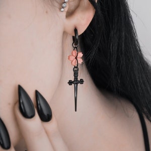 Sakura Blade Black Earrings | Cherry Blossom Sword Jewelry | Gothic Alt Earrings | Fantasy Floral Weapon Aesthetic | Stainless Steel