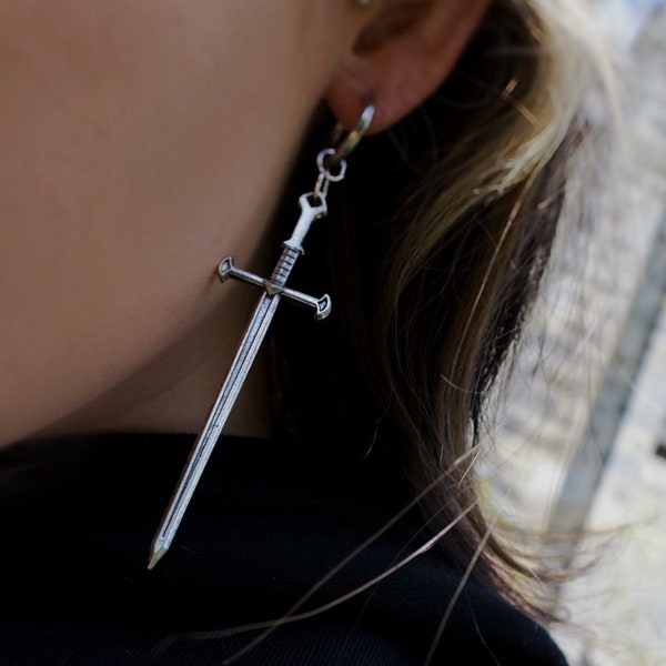 Silver Statement Sword Earrings | Antiallergenic Alt Grunge y2k Goth Fantasy Bold Jewellery