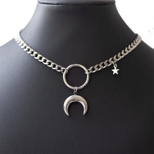 Mooncaller Choker | O-Ring Choker with Crescent Moon & Star | Stainless Steel Alt Jewelry | Witchy Celestial Necklace | Gothic Fantasy Gift