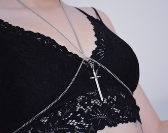 Heroism Variant Harness Body Chain | Handmade Torso Adornment | Silver Sword Necklace | Handmade To Order | Alternative Fashion
