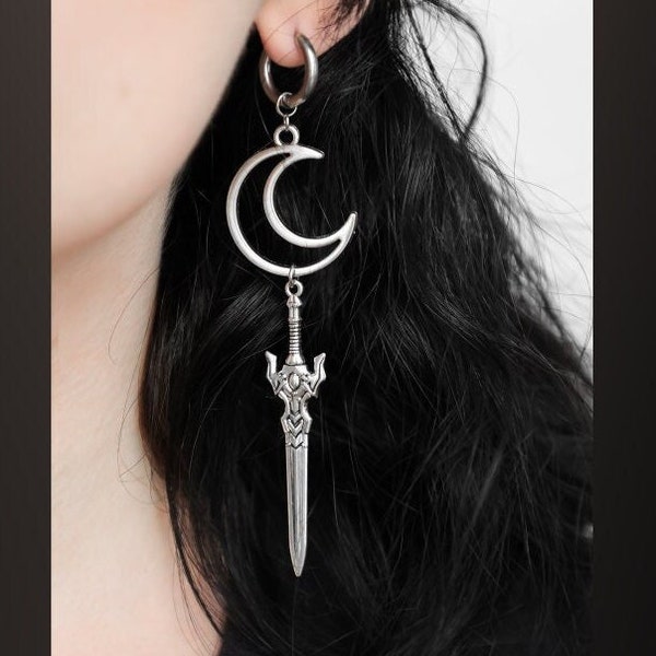 Crescent Defender Sword Earrings | Antiallergenic Moon Silver Dangle Hoop | Stainless Steel Alt Statement Grunge y2k alt goth fantasy