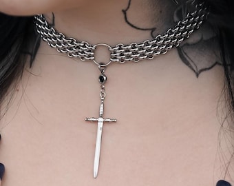 Valiant Warrior Choker | Gothic Fantasy Necklace | Edgy Statement Jewelry | Cosplay Choker | Sword and Armor Inspired | Unique Gift for Her