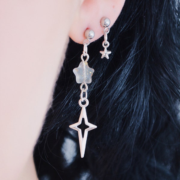 Star Essence Duo Earrings | Antiallergenic Fantasy Celestial Customisable Asymmetric Silver Alternative Kawaii Cute y2k Alt grunge aesthetic