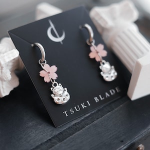 Lucky Cat Sakura Earrings | Kawaii Japanese Huggie Hoops | Cherry Blossom Maneki Neko Charm Jewelry | Cute Gift for Her | Pastel Cute