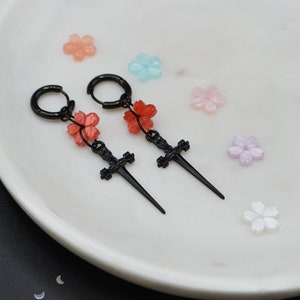 Sakura Blade Black Earrings Antiallergenic Dagger Cherry Blossom Kawaii Handmade And Customisable / kawaii fantasy alt grunge y2k zdjęcie 5