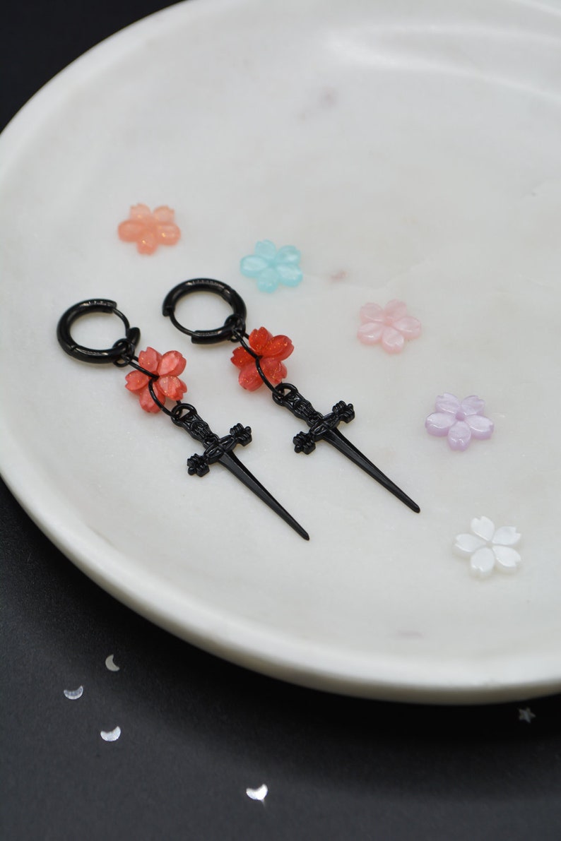 Sakura Blade Black Earrings Antiallergenic Dagger Cherry Blossom Kawaii Handmade And Customisable / kawaii fantasy alt grunge y2k zdjęcie 5