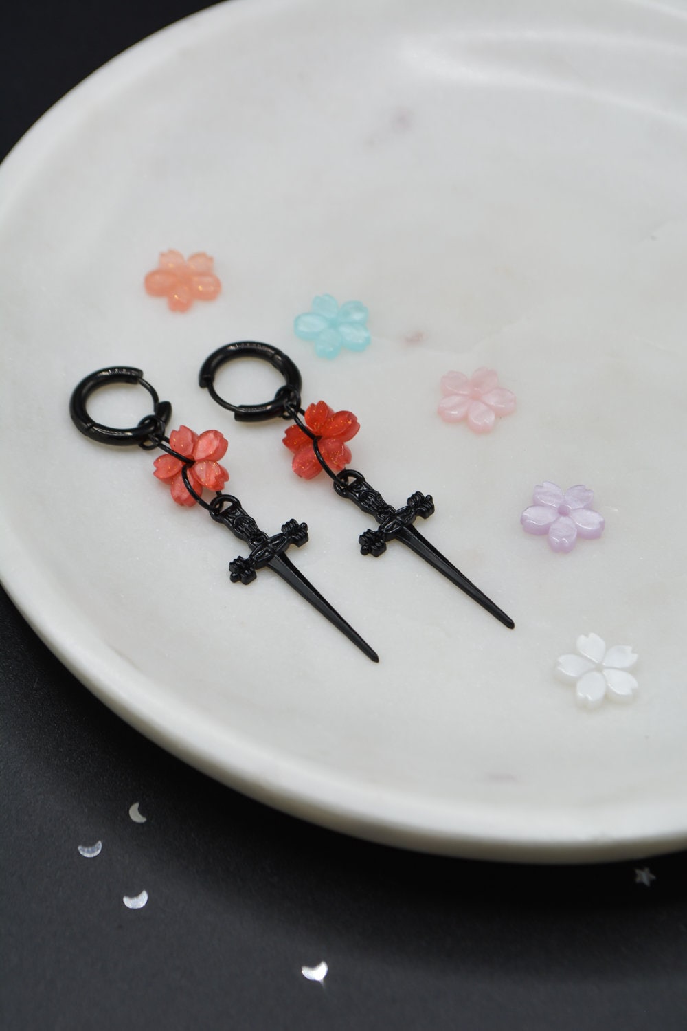 Sakura Blade Black Earrings | Cherry Blossom Sword Jewelry | Gothic Alt Earrings | Fantasy Floral Weapon Aesthetic | Stainless Steel