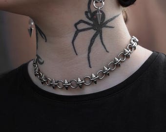 Warchain Choker Necklace | Adjustable Waterproof Stainless Steel Spike Studded Chain | Unisex Gift For Her or Him | Alternative Gothic Style