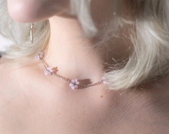 Soft Petals | Pink Beaded Sakura Choker Necklace | Cherry Blossom Jewelry | Kawaii Fairycore Necklace | Soft Alt Aesthetic Gift for Her