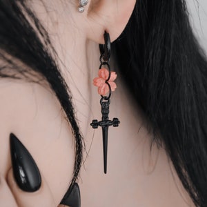 Sakura Blade Black Earrings Antiallergenic Dagger Cherry Blossom Kawaii Handmade And Customisable / kawaii fantasy alt grunge y2k zdjęcie 7