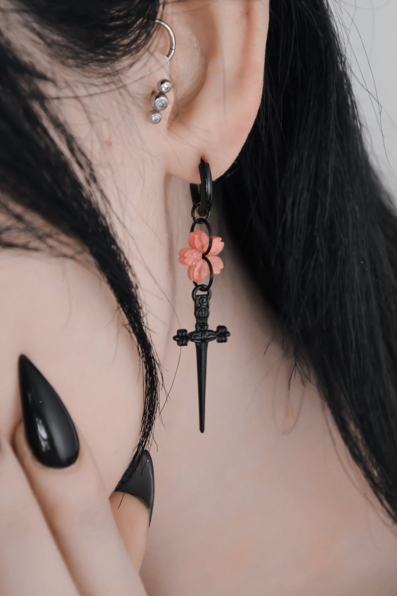 Sakura Blade Black Earrings Antiallergenic Dagger Cherry Blossom Kawaii Handmade And Customisable / kawaii fantasy alt grunge y2k zdjęcie 7