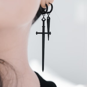 Gothic Sword and Spike Earring | Black Asymmetrical Alt Jewelry | Punk Rivet Dangle Earrings | Stainless Stee Edgy Dark Aesthetic