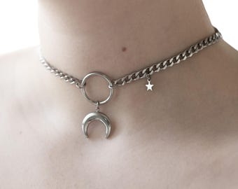 Mooncaller Choker | O-Ring Choker with Crescent Moon & Star | Stainless Steel Alt Jewelry | Witchy Celestial Necklace | Gothic Fantasy Gift