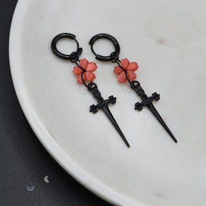 Sakura Blade Black Earrings Antiallergenic Dagger Cherry Blossom Kawaii Handmade And Customisable / kawaii fantasy alt grunge y2k zdjęcie 2