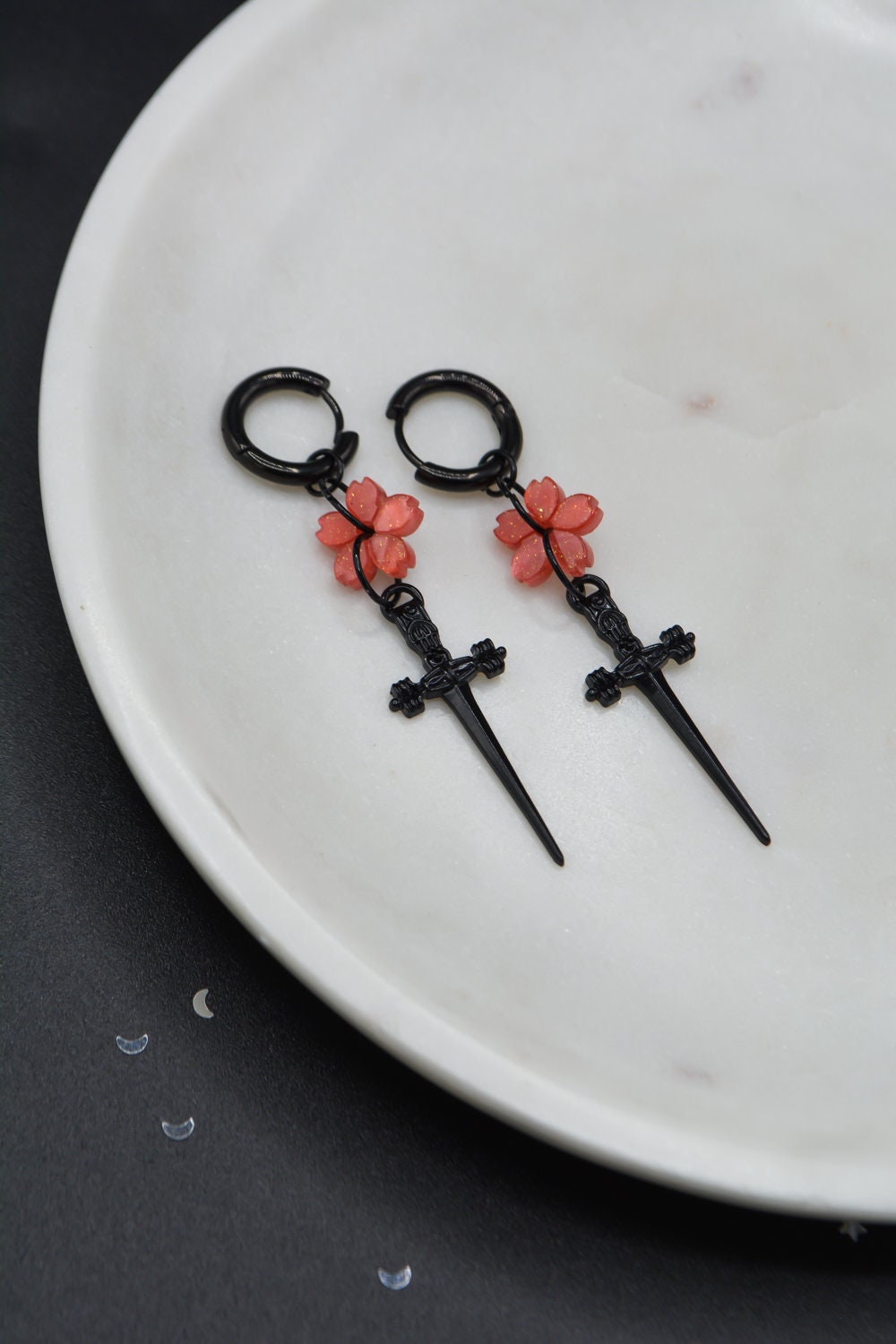 Sakura Blade Black Earrings | Cherry Blossom Sword Jewelry | Gothic Alt Earrings | Fantasy Floral Weapon Aesthetic | Stainless Steel