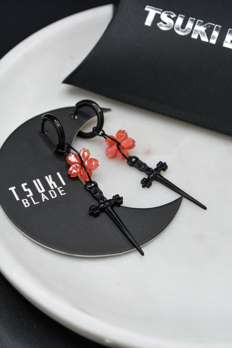 Sakura Blade Black Earrings Antiallergenic Dagger Cherry Blossom Kawaii Handmade And Customisable / kawaii fantasy alt grunge y2k zdjęcie 6