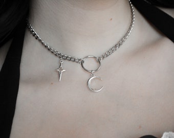 Crescent Binding Choker | Moon & Star Necklace | Alternative Fashion Handmade To Order | Lobster Clasp Closure Extendable