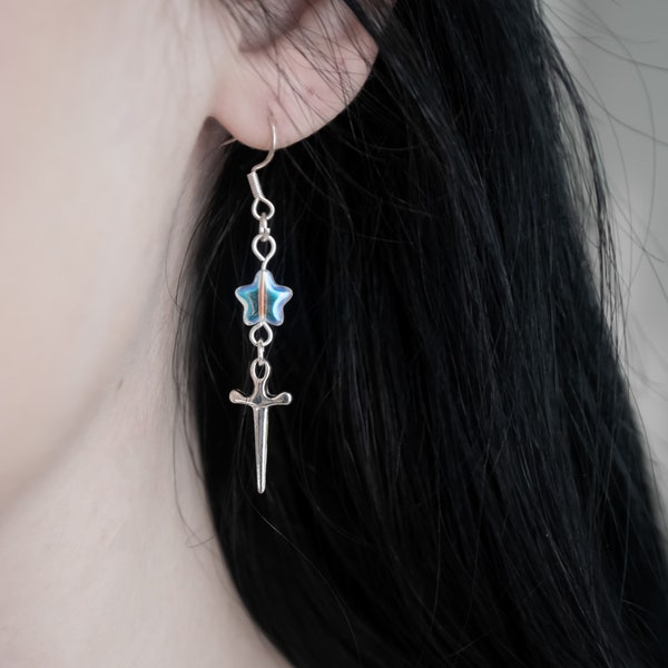 Celestial Warrior Sword Earrings | Antiallergenic Reflective Star Dagger Drop | Customisable | Alt egirl y2k grunge cute kawaii celestial