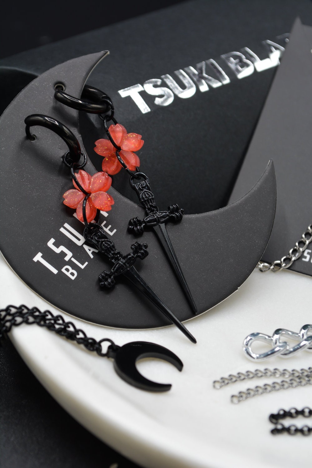 Sakura Blade Black Earrings | Cherry Blossom Sword Jewelry | Gothic Alt Earrings | Fantasy Floral Weapon Aesthetic | Stainless Steel