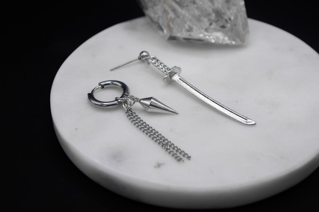 Katana Duo Earrings | Antiallergenic Hoop Stud Asymmetrical Silver Chain Japanese Katana Grunge Alternative Eboy Y2k Kpop Unisex Alt Edgy - Etsy Japan