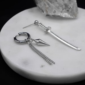 Katana Duo Earrings | Antiallergenic Hoop Stud Asymmetrical Silver Chain Japanese Katana Grunge Alternative eboy y2k kpop unisex alt edgy