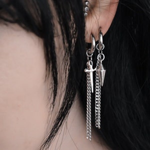 Chain Duo Hoop Earrings | Silver Spike Pointed Sword Blade Pair Alt Grunge Kpop Eboy Egirl Alternative y2k goth emo aesthetic