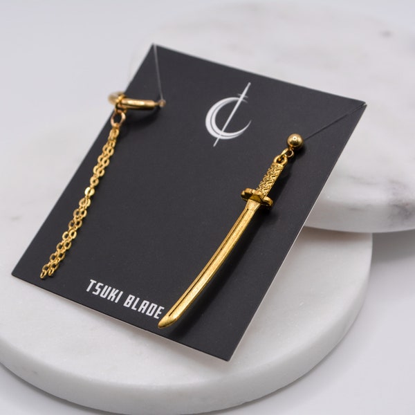 Imperial Golden Katana Duo Earrings | Antiallergenic Stainless Steel Customisable Gold Alternative Grunge Eboy goth y2k edgy aesthetic