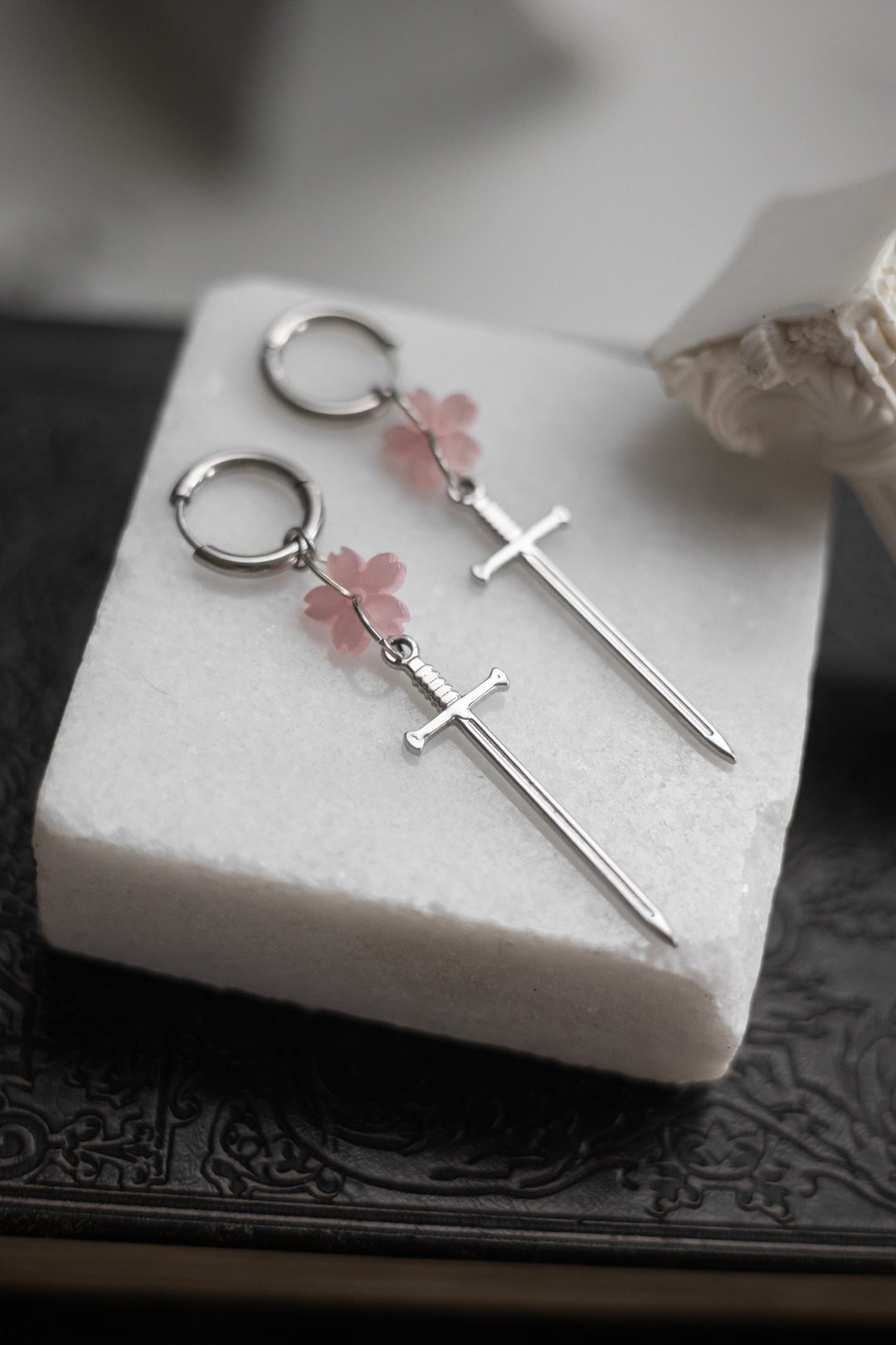Sakura Defender | Sword Earrings | Stainless Steel Alt Jewelry | Cherry Blossom Fantasy Earrings | Witchy Naturecore Gift | Soft & Edgy - Etsy Japan