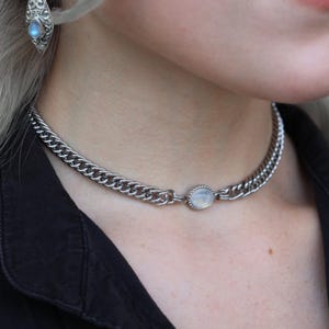 Gargantilla de cristal / Collar de malla de cristal auténtico de acero inoxidable resistente al agua / Ópalo, piedra lunar, ónix rosa / Talla ajustable