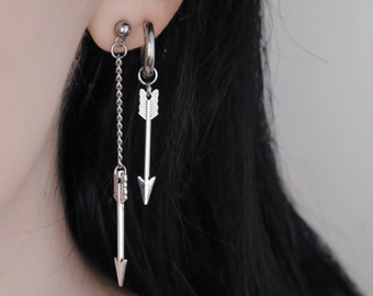 Rain Of Arrows Duo Earrings | Antiallergenic Chain Archery Stainless Steel Hoop Stud Pair Fantasy Aesthetic Egirl Eboy Gamer Grunge