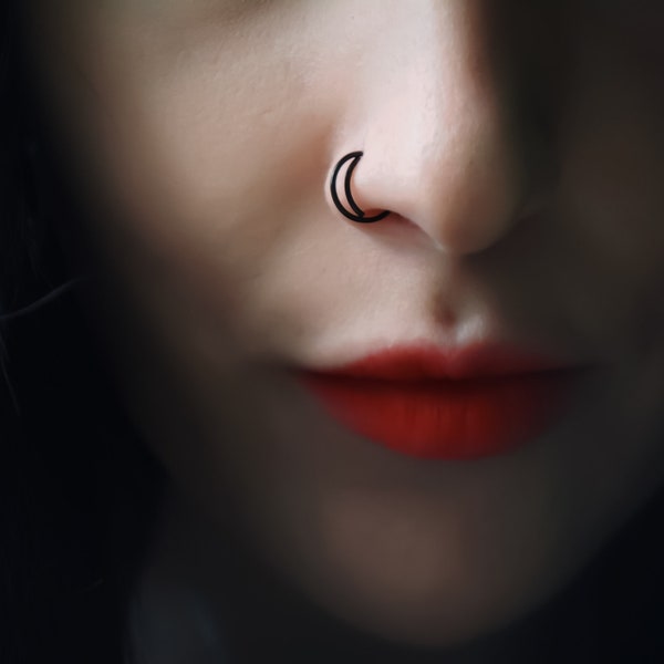 Onyx Black Crescent Moon Nose Ring - Ear Tragus Cartilage Body Jewelry Nostril Hoop