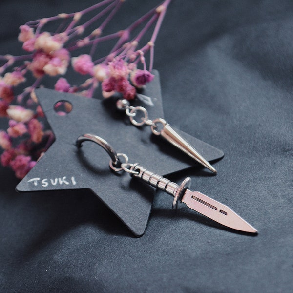 Pure Savage Duo Earrings | Antiallergenic Asymmetrical Hoop Stud Dagger Knife Alternative Silver Grunge Fierce Alt Edgy Aesthetic eboy kpop