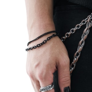 Double Chain Bracelet Black Stainless Steel | Alt Punk Jewelry | Grunge Streetwear Bracelet | Layered Minimalist Gift