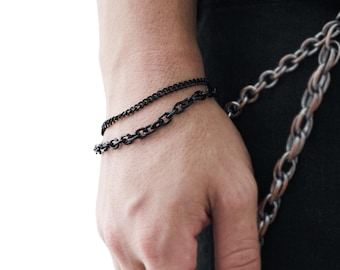 Double Chain Bracelet Black Stainless Steel | Alt Punk Jewelry | Grunge Streetwear Bracelet | Layered Minimalist Gift